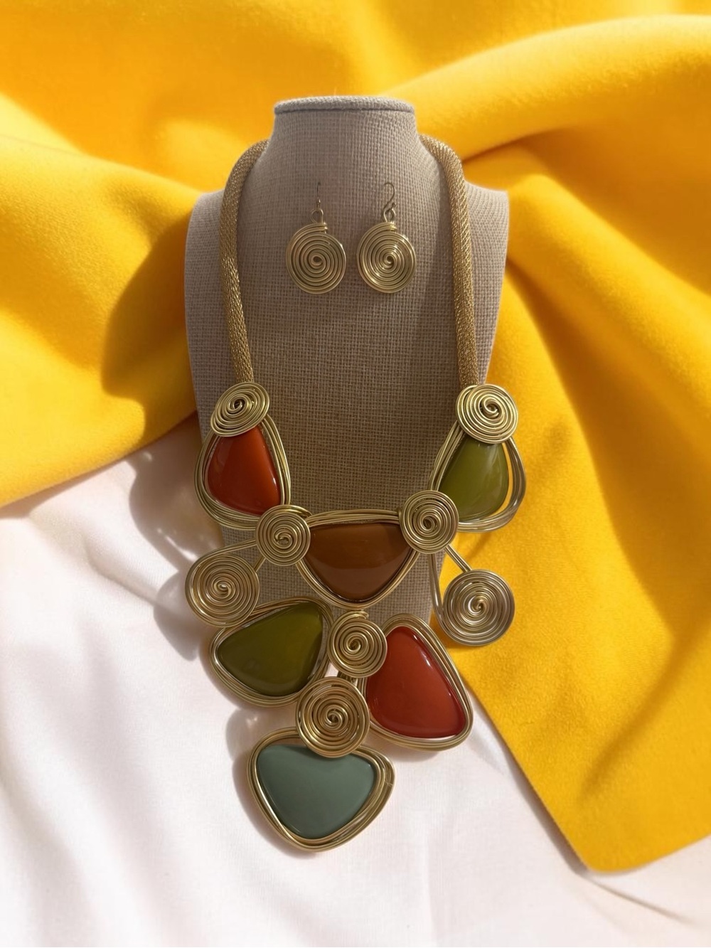 Gold Wire Multicolor Statement Necklace and Earring Set